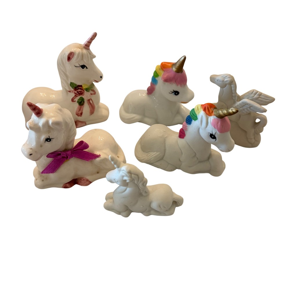 Vintage Unicorn Pegasus Figurine Set Ceramic Porcelain Rainbow Gold 6pc Lot